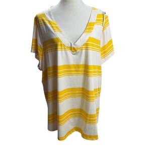 Lane Bryant Yellow Striped T-Shirt V-Neck Short Sleeve Casual Top Plus‎ Size 2XL